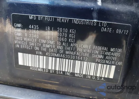 2013 Subaru Legacy 2.5I z USA, uszkodzony, nr VIN 4S3BMBA62D3016412